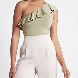 Express Sage Ruffled One-Shoulder Crop Top